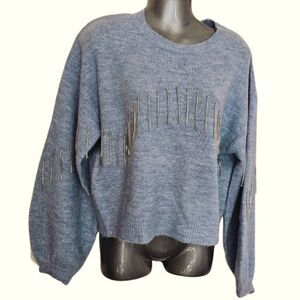 Balloon Sleeve Sweater With Dangling Rhinestone Flair Western Rodeo Cowboy Blue